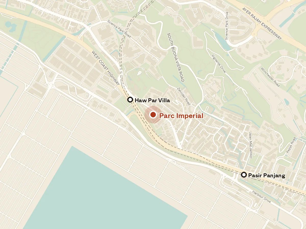 Map of the area around Parc Imperial, with nearby MRT stations and primary schools