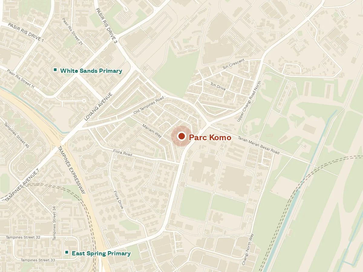 Map of the area around Parc Komo, with nearby MRT stations and primary schools