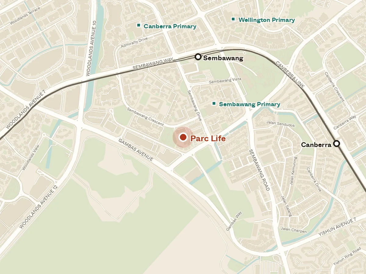Map of the area around Parc Life, with nearby MRT stations and primary schools