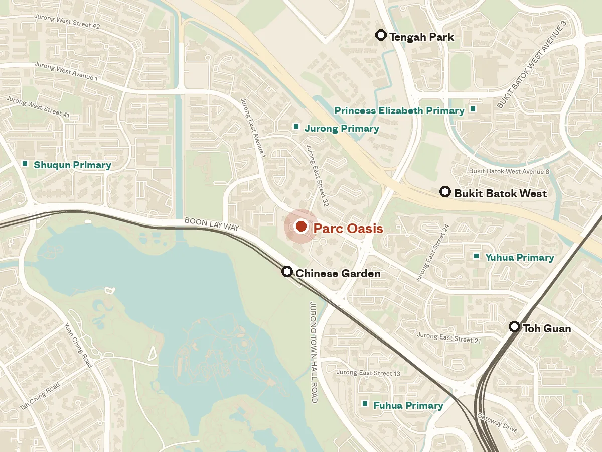 Map of the area around Parc Oasis, with nearby MRT stations and primary schools