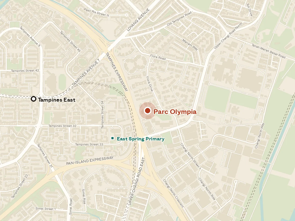 Map of the area around Parc Olympia, with nearby MRT stations and primary schools