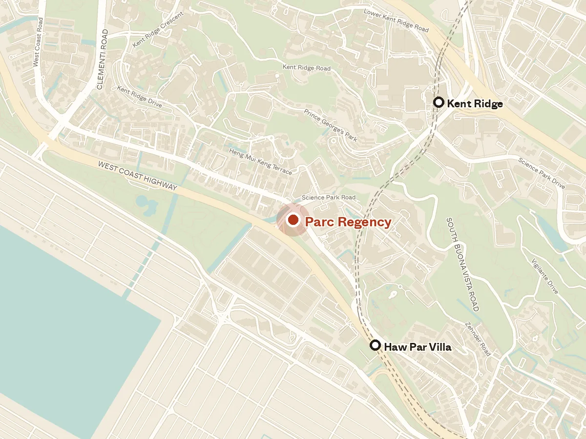 Map of the area around Parc Regency, with nearby MRT stations and primary schools