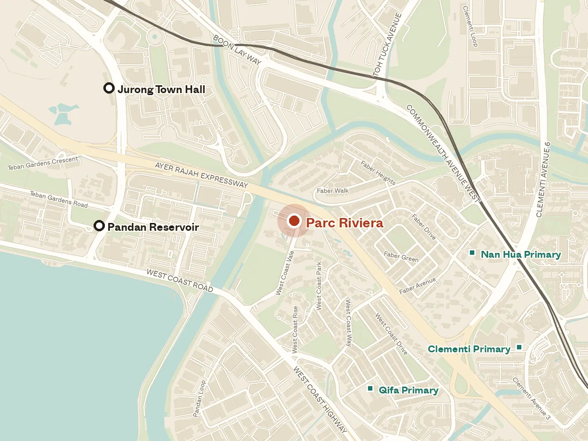 Map of the area around Parc Riviera, with nearby MRT stations and primary schools
