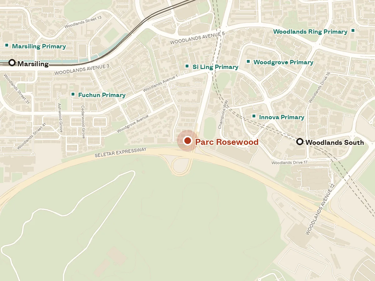 Map of the area around Parc Rosewood, with nearby MRT stations and primary schools
