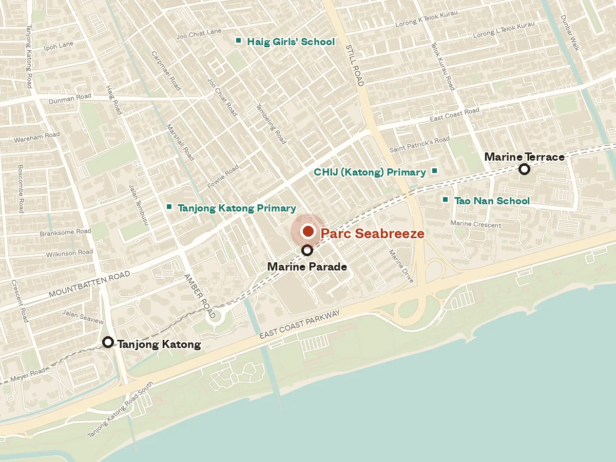 Map of the area around Parc Seabreeze, with nearby MRT stations and primary schools