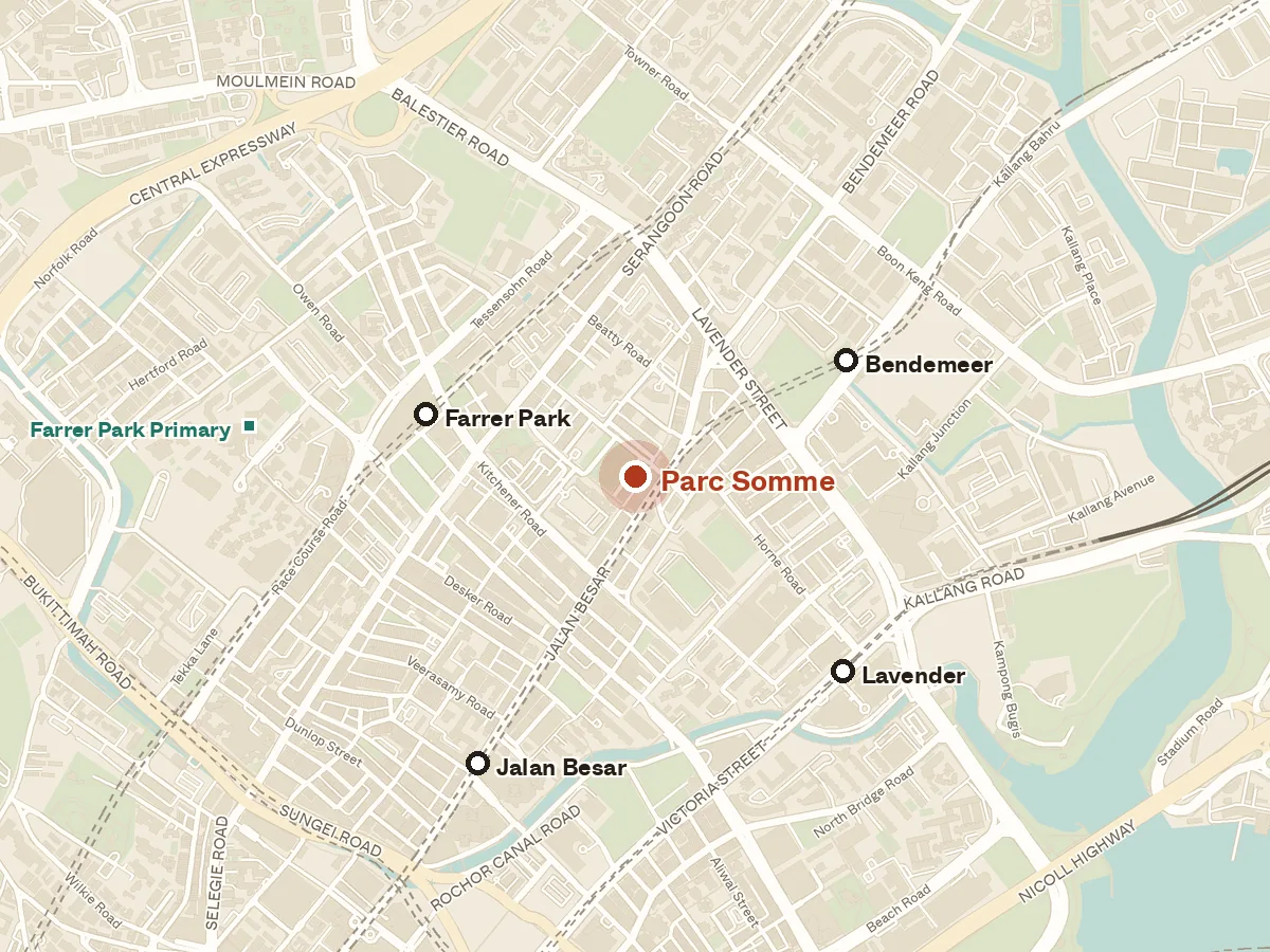 Map of the area around Parc Somme, with nearby MRT stations and primary schools