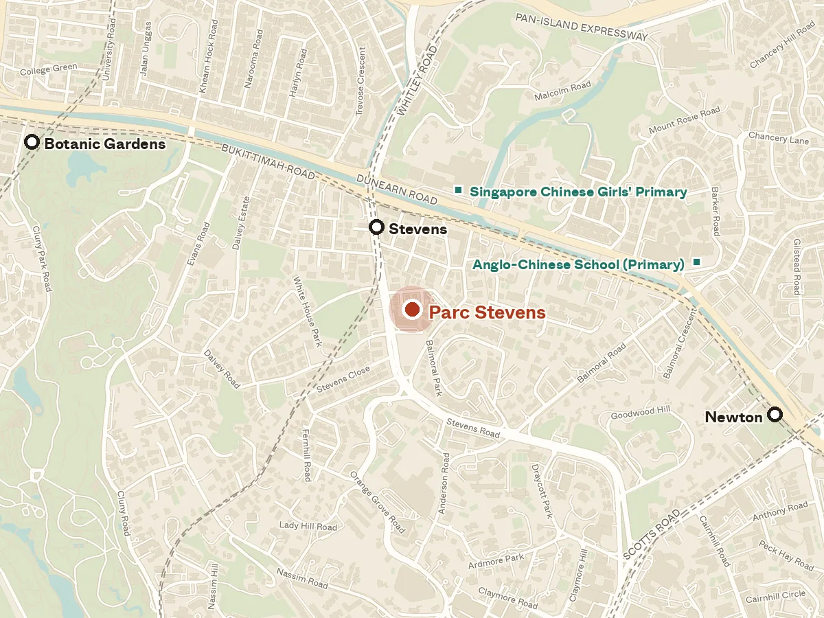 Map of the area around Parc Stevens, with nearby MRT stations and primary schools