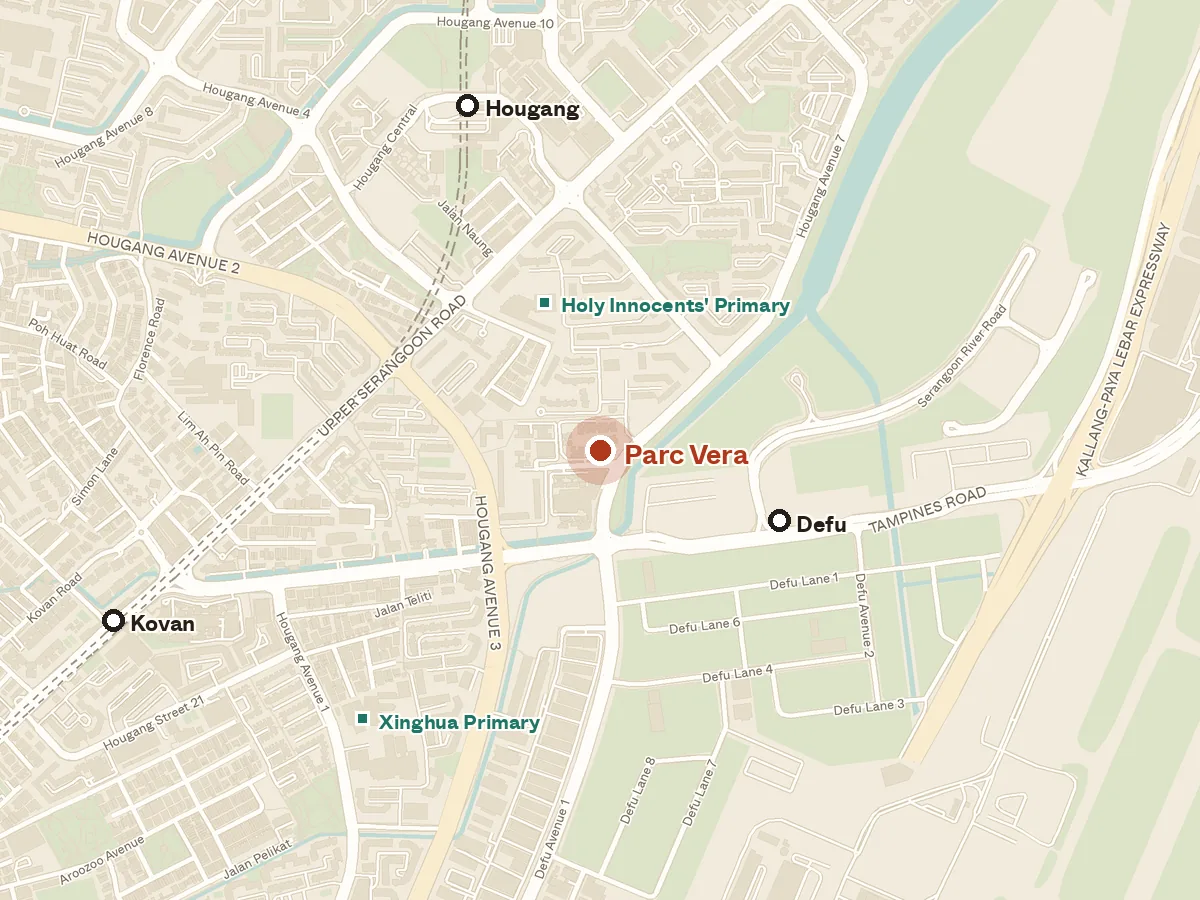 Map of the area around Parc Vera, with nearby MRT stations and primary schools
