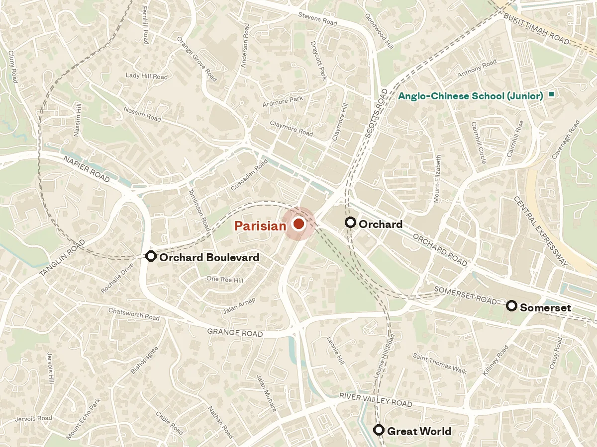Map of the area around Parisian, with nearby MRT stations and primary schools