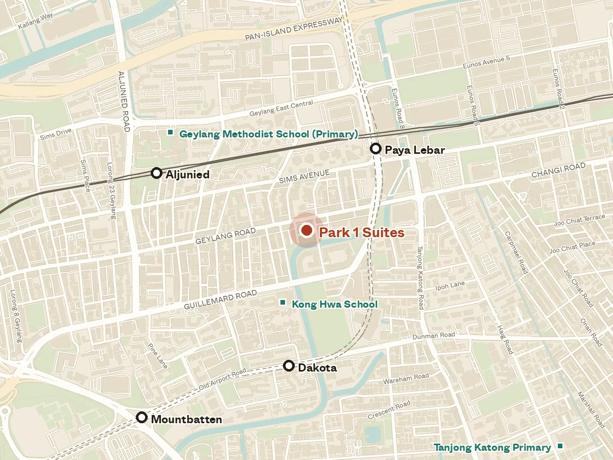 Map of the area around Park 1 Suites, with nearby MRT stations and primary schools
