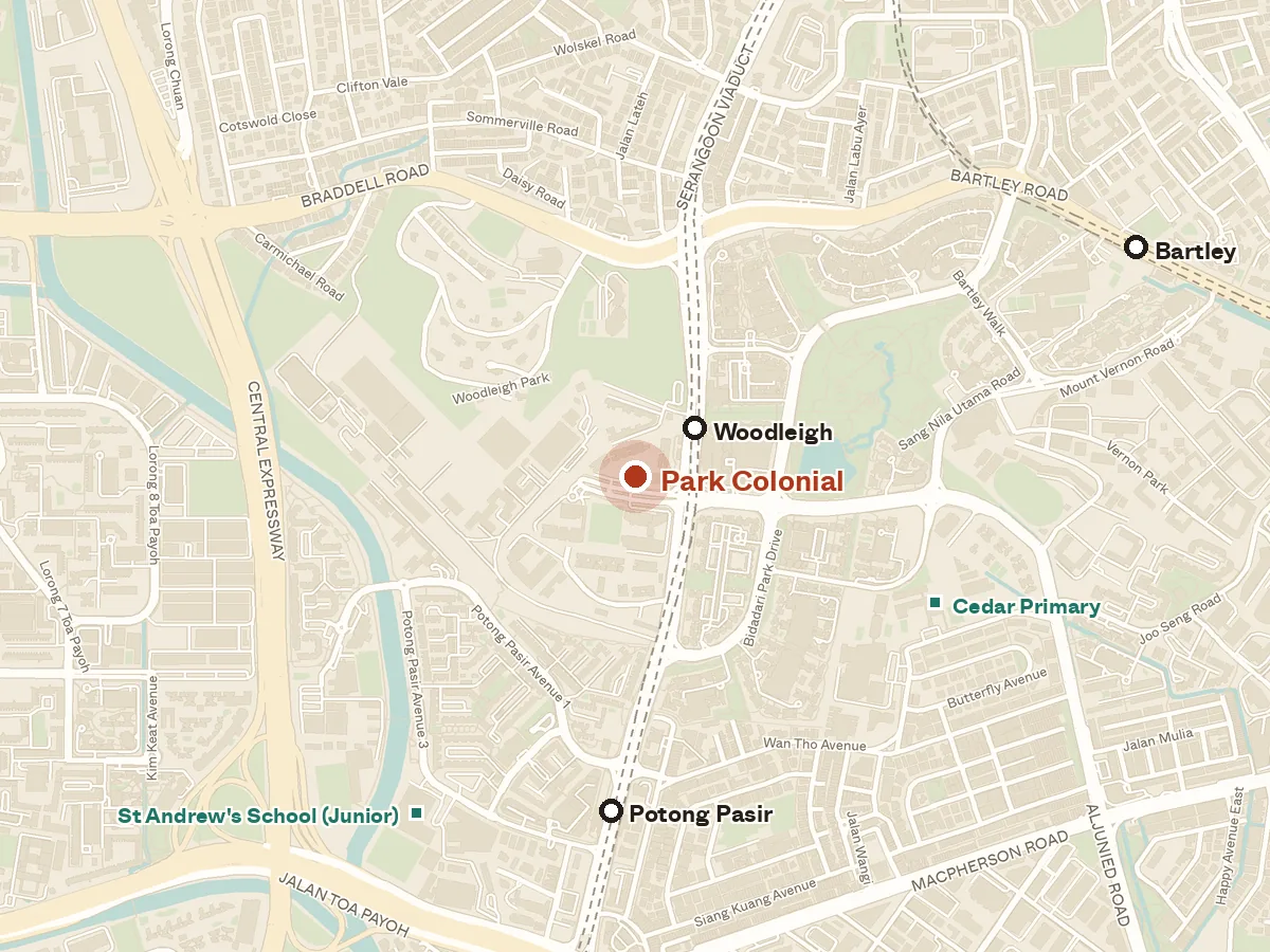 Map of the area around Park Colonial, with nearby MRT stations and primary schools