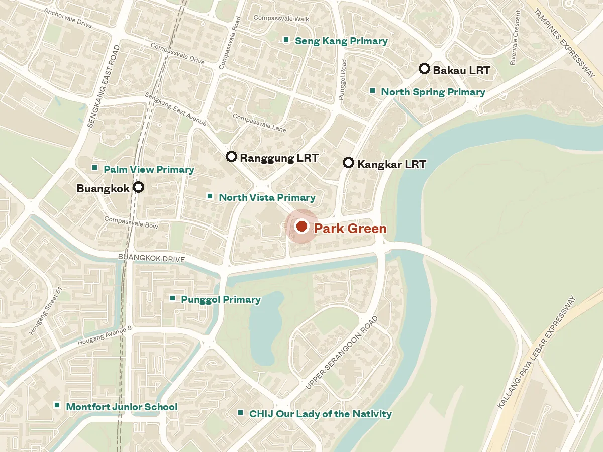 Map of the area around Park Green, with nearby MRT stations and primary schools