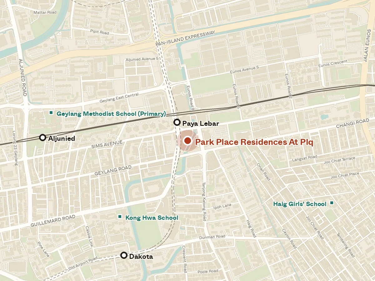 Map of the area around Park Place Residences At Plq, with nearby MRT stations and primary schools