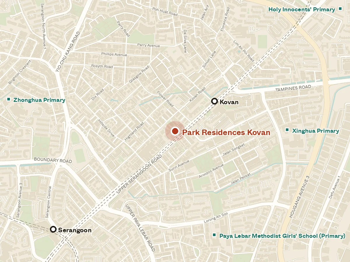 Map of the area around Park Residences Kovan, with nearby MRT stations and primary schools