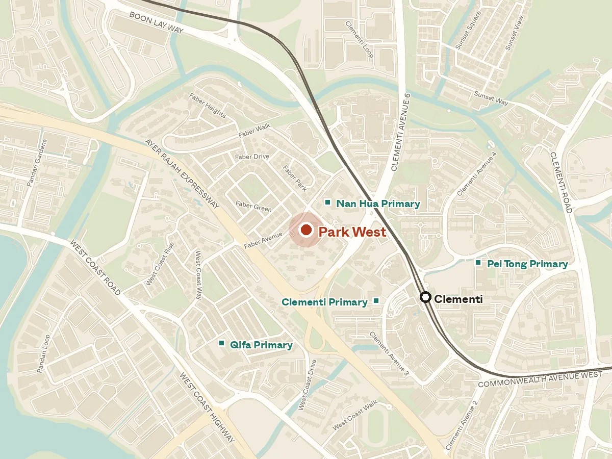 Map of the area around Park West, with nearby MRT stations and primary schools
