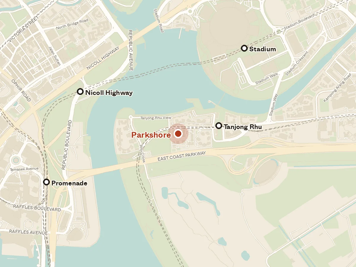 Map of the area around Parkshore, with nearby MRT stations and primary schools