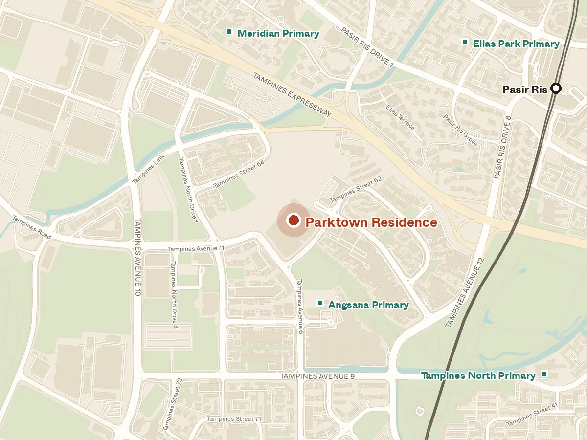 Map of the area around Parktown Residence, with nearby MRT stations and primary schools