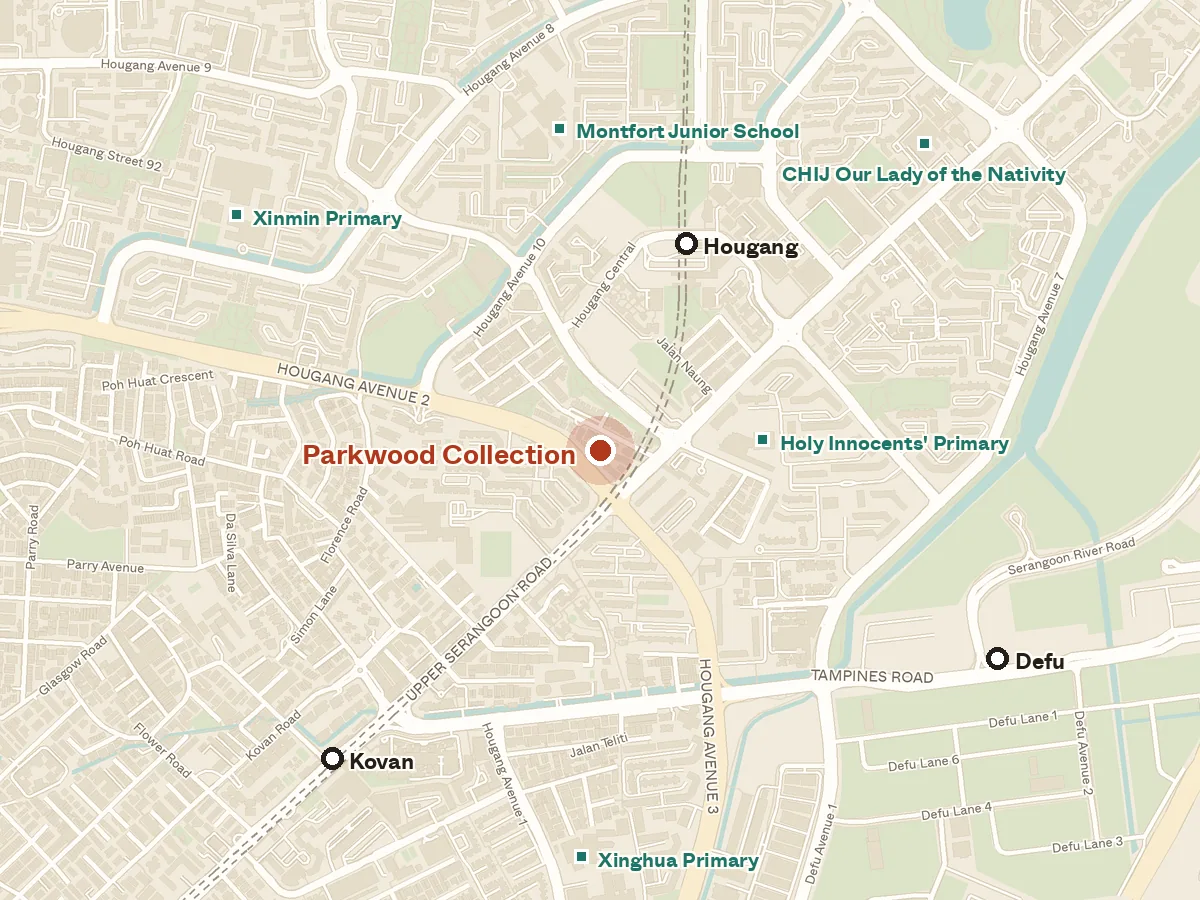Map of the area around Parkwood Collection, with nearby MRT stations and primary schools