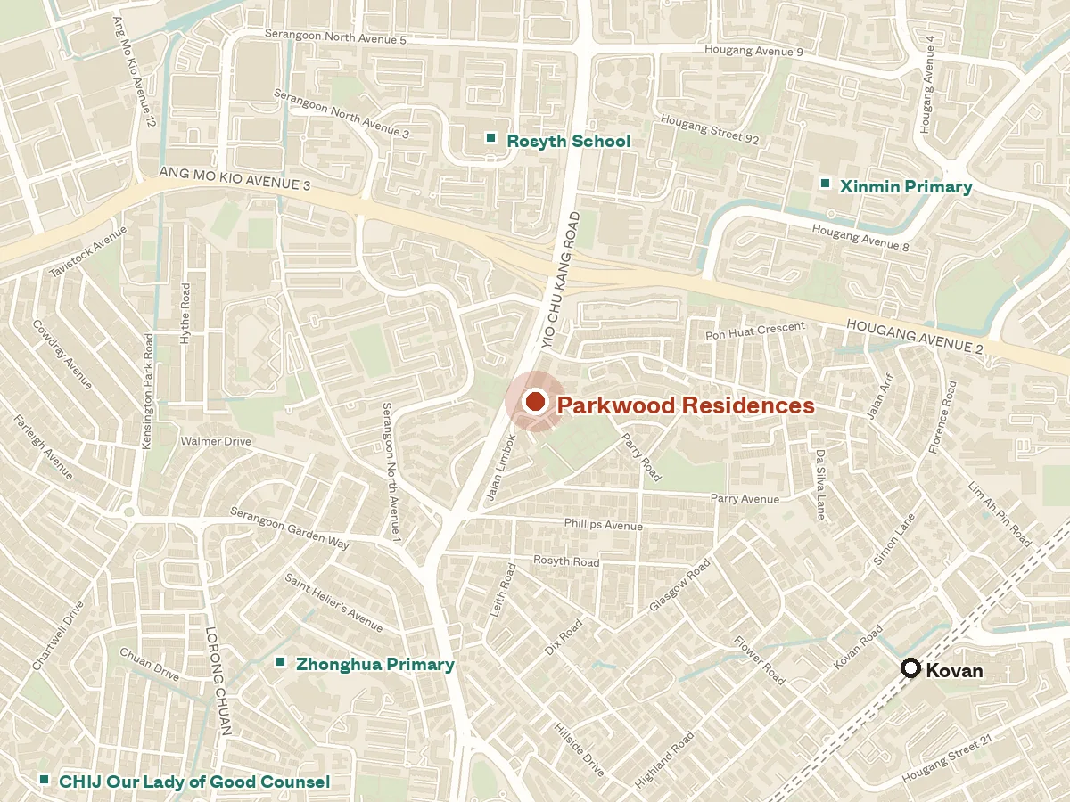 Map of the area around Parkwood Residences, with nearby MRT stations and primary schools