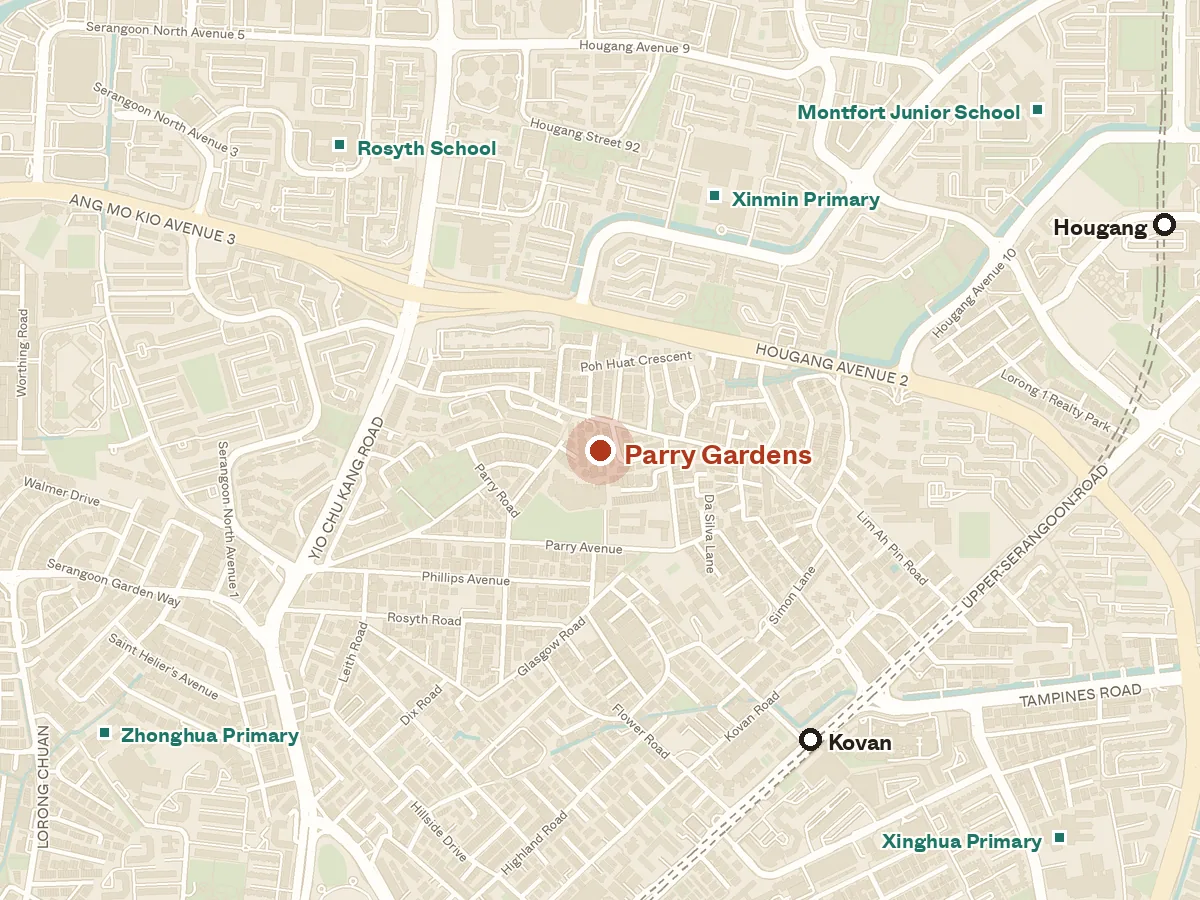 Map of the area around Parry Gardens, with nearby MRT stations and primary schools