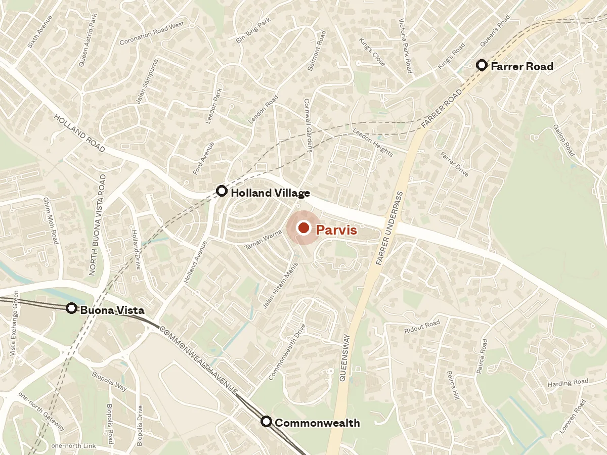 Map of the area around Parvis, with nearby MRT stations and primary schools