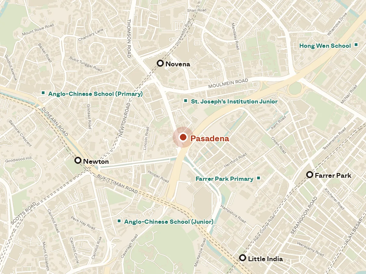 Map of the area around Pasadena, with nearby MRT stations and primary schools