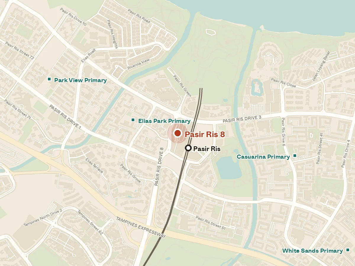 Map of the area around Pasir Ris 8, with nearby MRT stations and primary schools