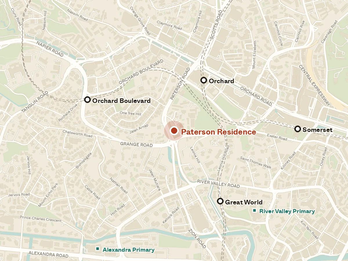 Map of the area around Paterson Residence, with nearby MRT stations and primary schools