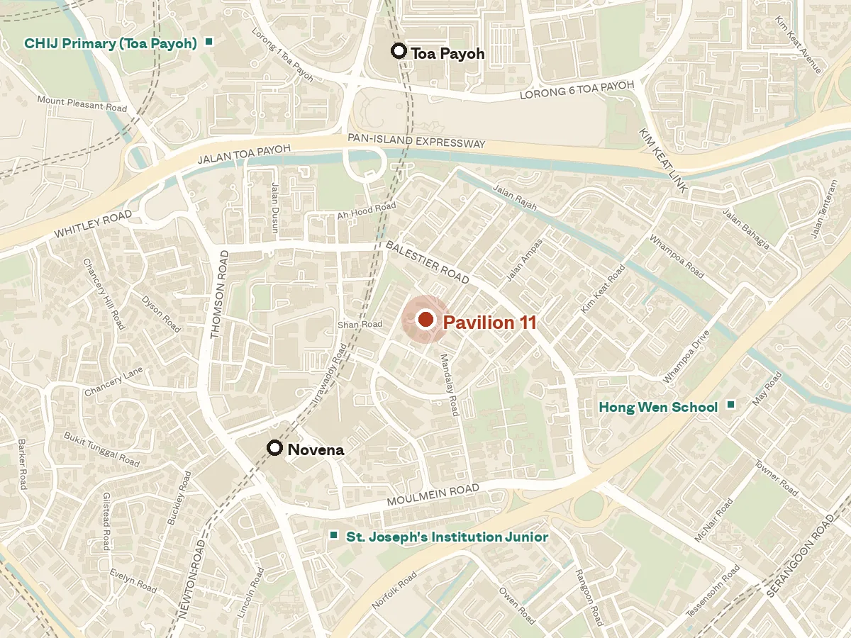 Map of the area around Pavilion 11, with nearby MRT stations and primary schools