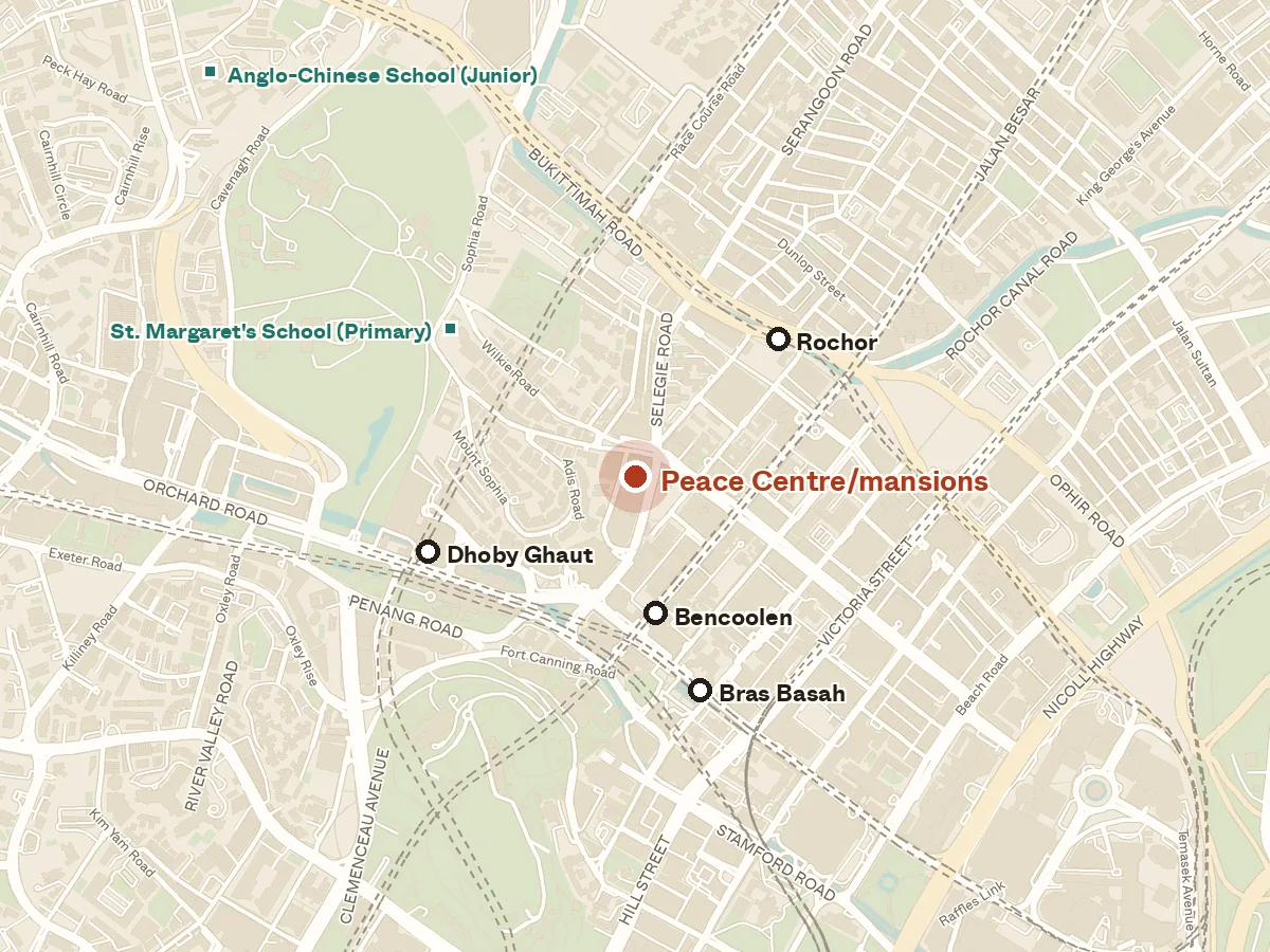 Map of the area around Peace Centre/mansions, with nearby MRT stations and primary schools