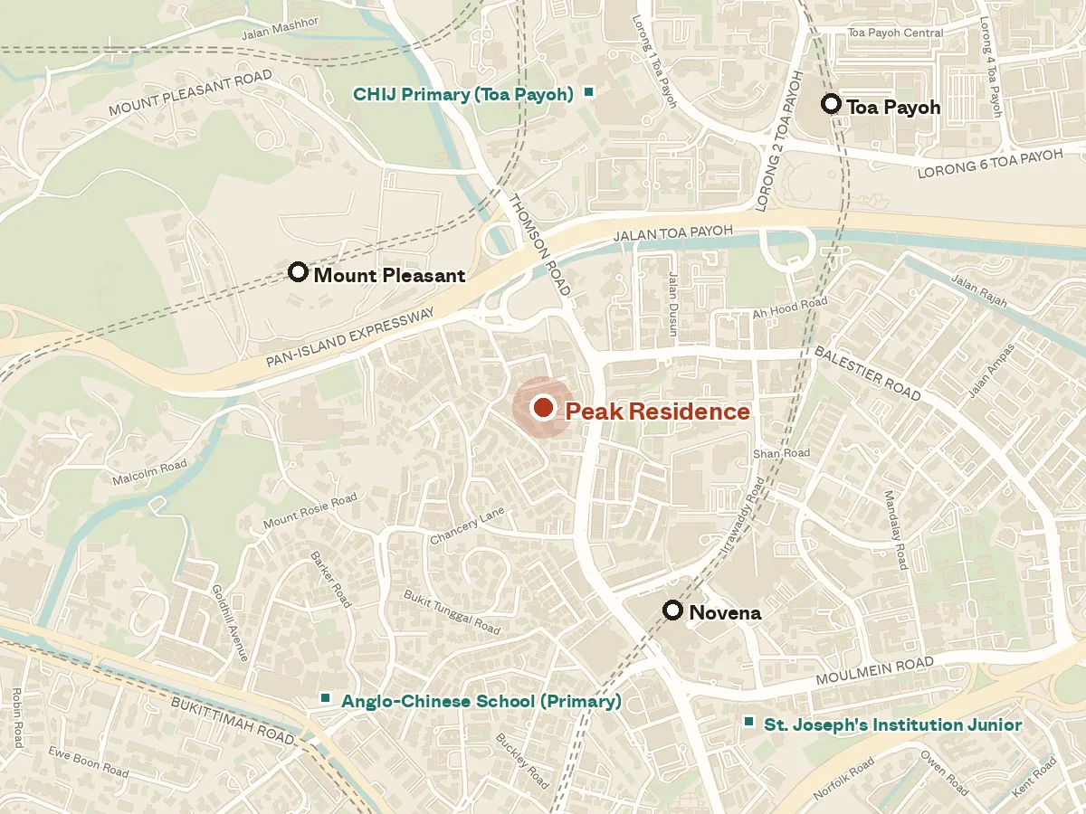 Map of the area around Peak Residence, with nearby MRT stations and primary schools