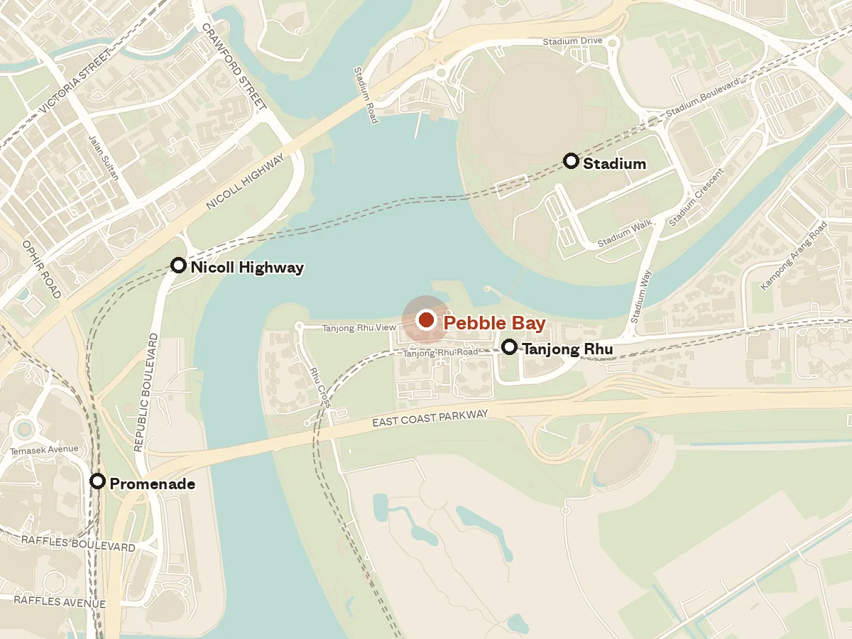 Map of the area around Pebble Bay, with nearby MRT stations and primary schools