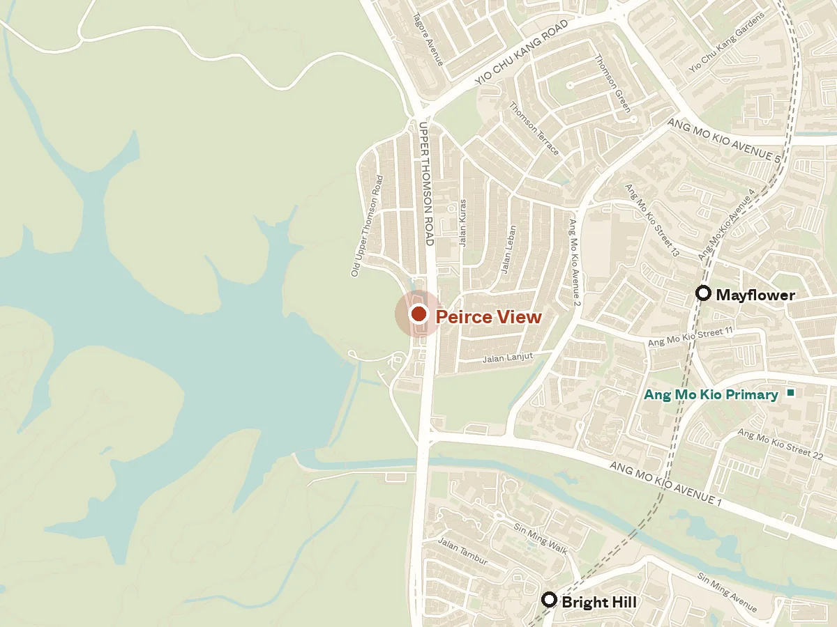 Map of the area around Peirce View, with nearby MRT stations and primary schools