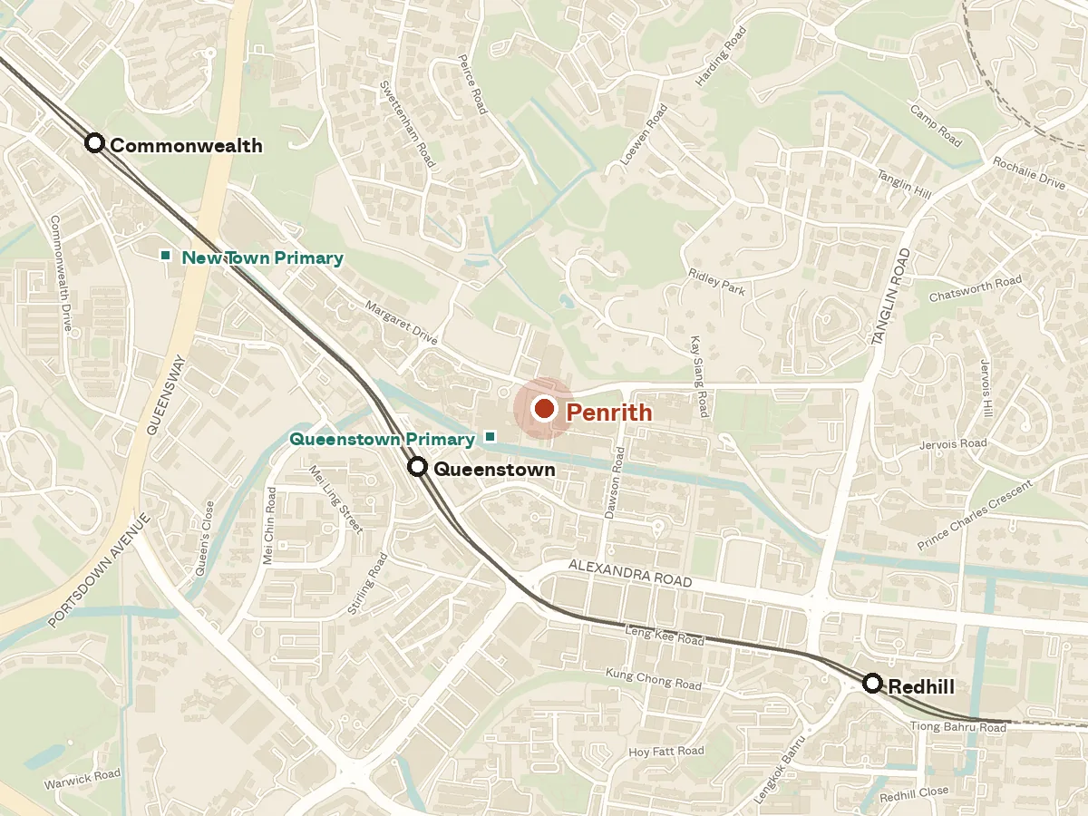 Map of the area around Penrith, with nearby MRT stations and primary schools