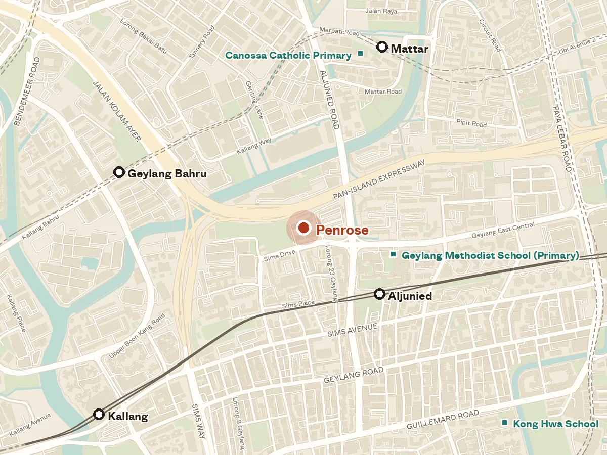 Map of the area around Penrose, with nearby MRT stations and primary schools