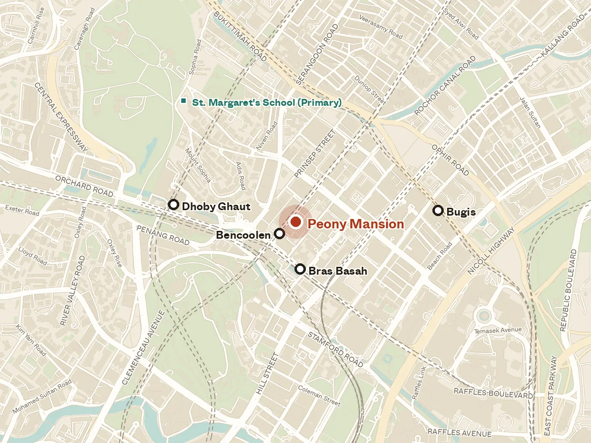 Map of the area around Peony Mansion, with nearby MRT stations and primary schools