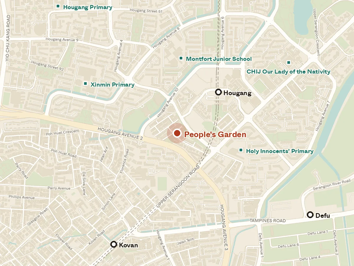 Map of the area around People's Garden, with nearby MRT stations and primary schools