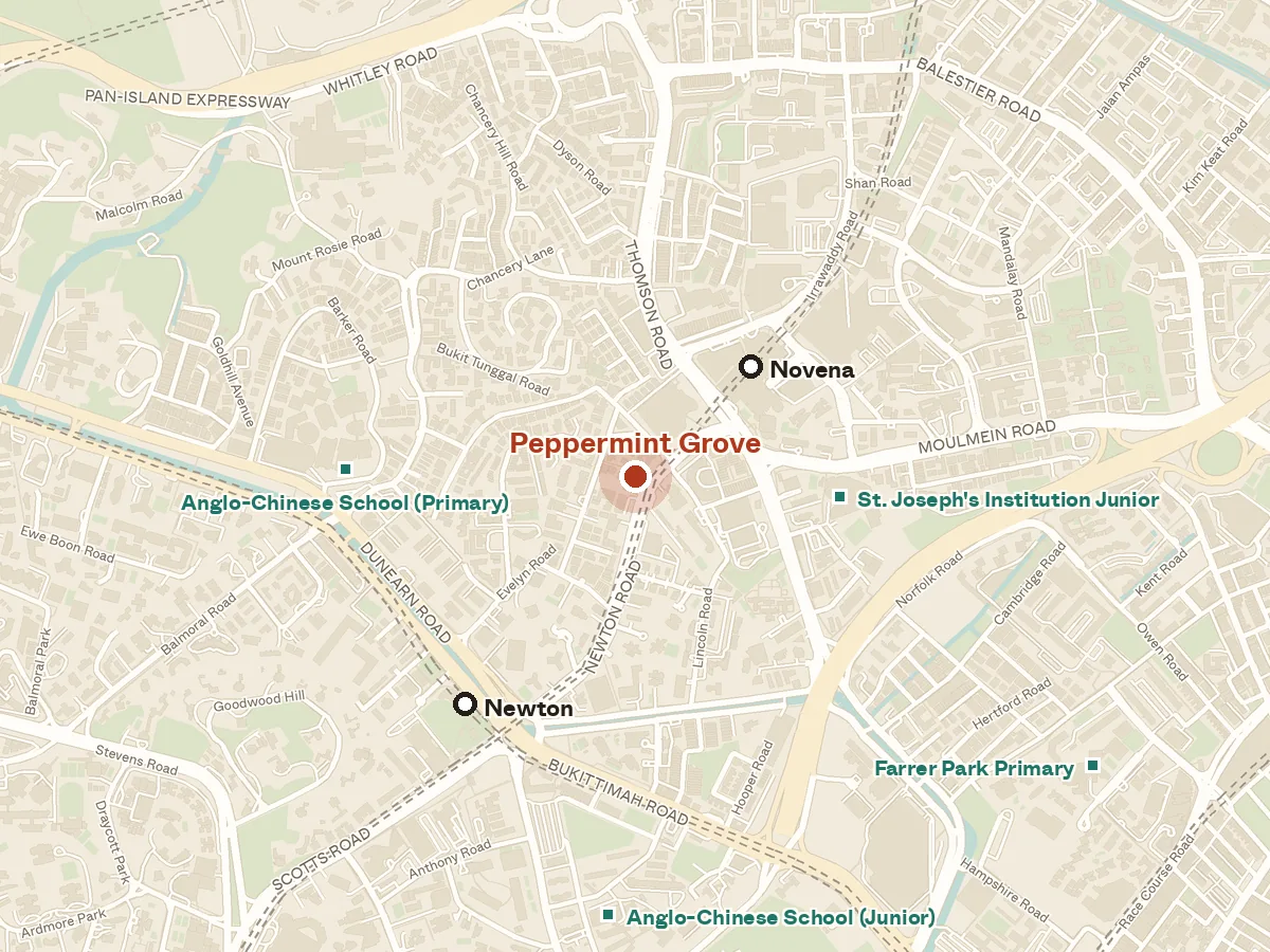 Map of the area around Peppermint Grove, with nearby MRT stations and primary schools