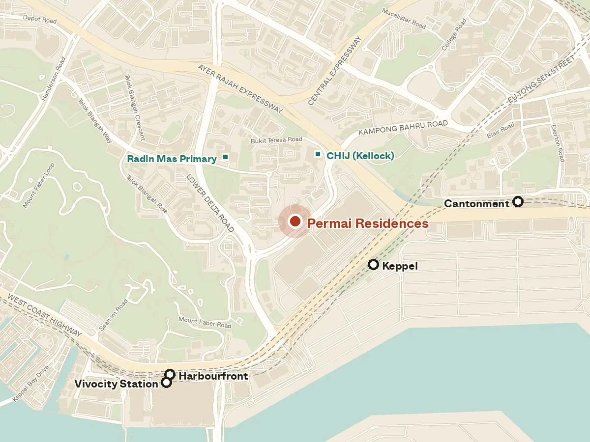 Map of the area around Permai Residences, with nearby MRT stations and primary schools