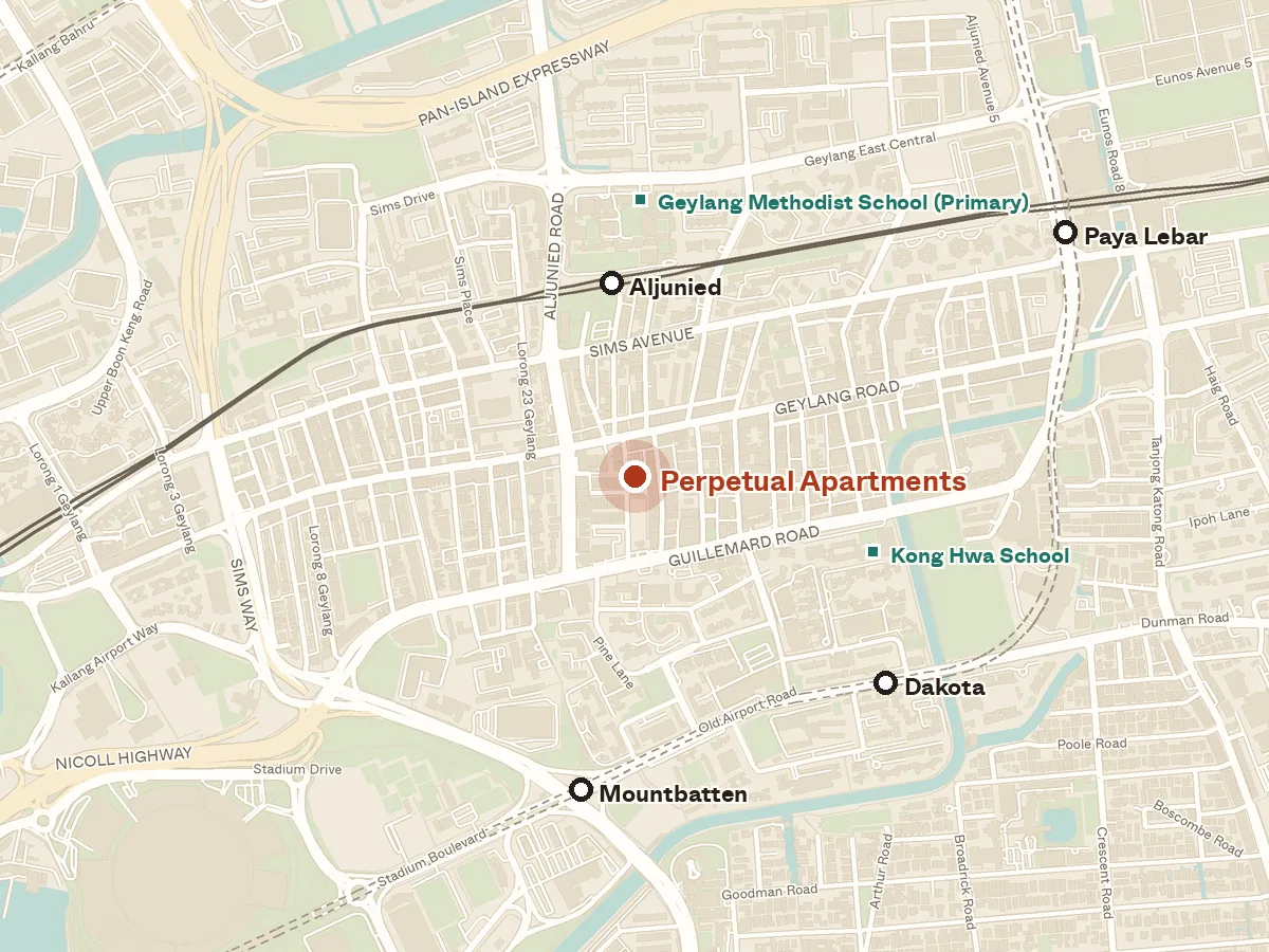 Map of the area around Perpetual Apartments, with nearby MRT stations and primary schools