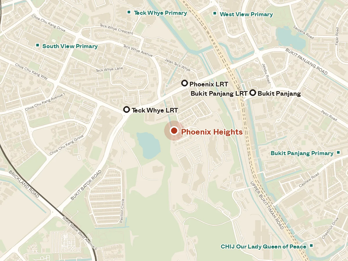 Map of the area around Phoenix Heights, with nearby MRT stations and primary schools