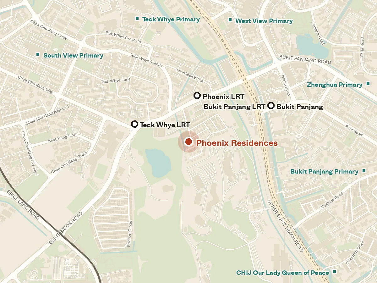 Map of the area around Phoenix Residences, with nearby MRT stations and primary schools
