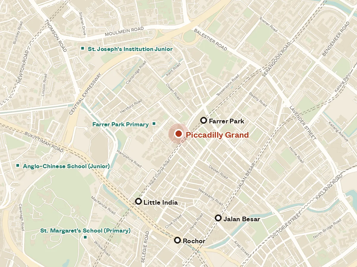 Map of the area around Piccadilly Grand, with nearby MRT stations and primary schools