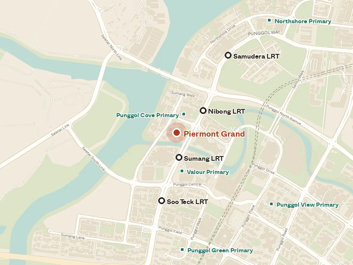 Map of the area around Piermont Grand, with nearby MRT stations and primary schools