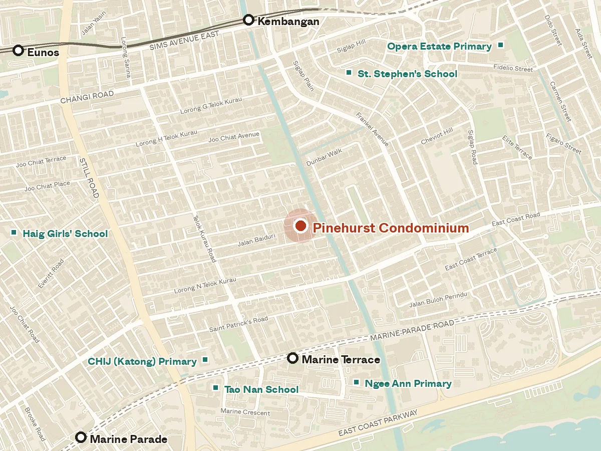 Map of the area around Pinehurst Condominium, with nearby MRT stations and primary schools