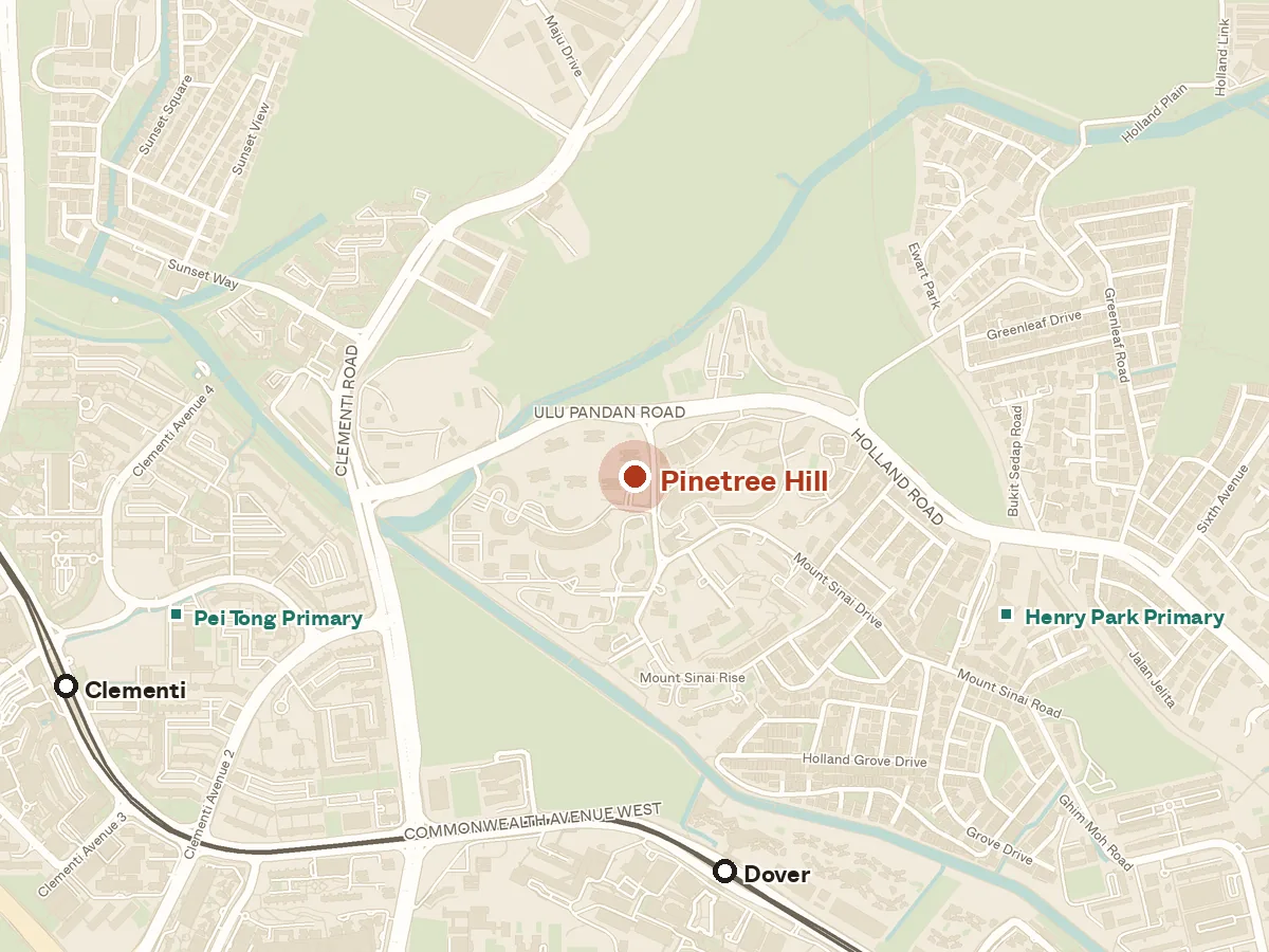 Map of the area around Pinetree Hill, with nearby MRT stations and primary schools