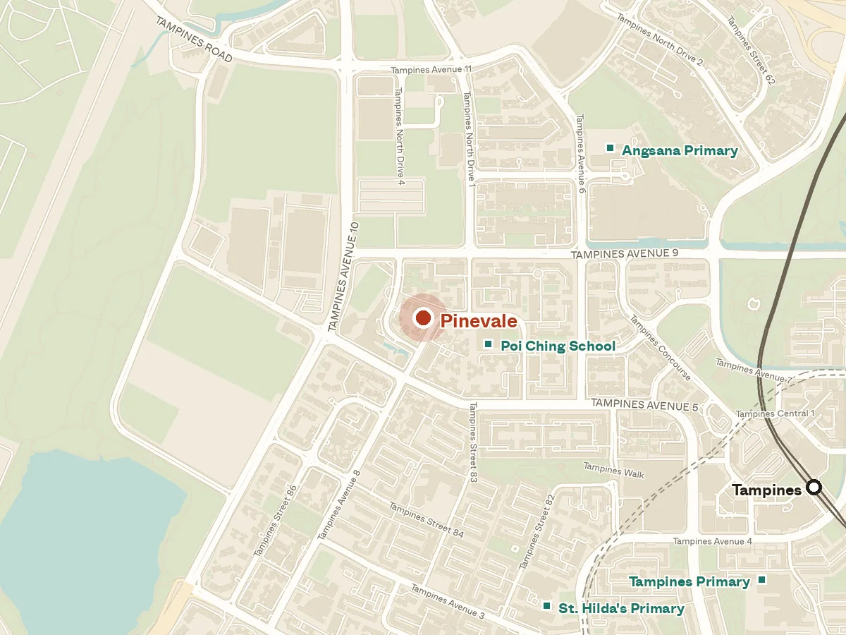 Map of the area around Pinevale, with nearby MRT stations and primary schools