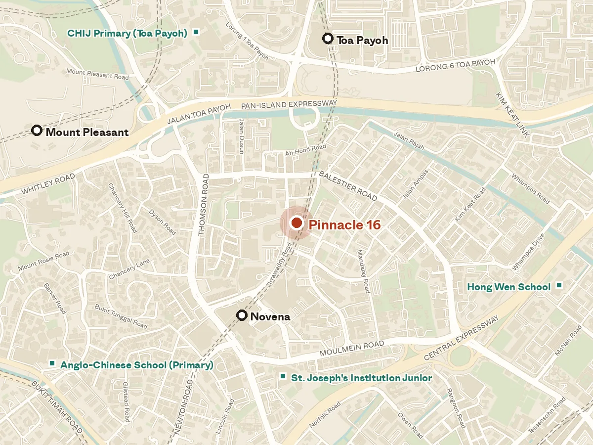Map of the area around Pinnacle 16, with nearby MRT stations and primary schools