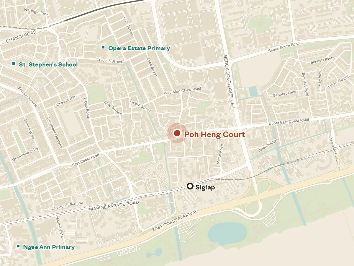 Map of the area around Poh Heng Court, with nearby MRT stations and primary schools