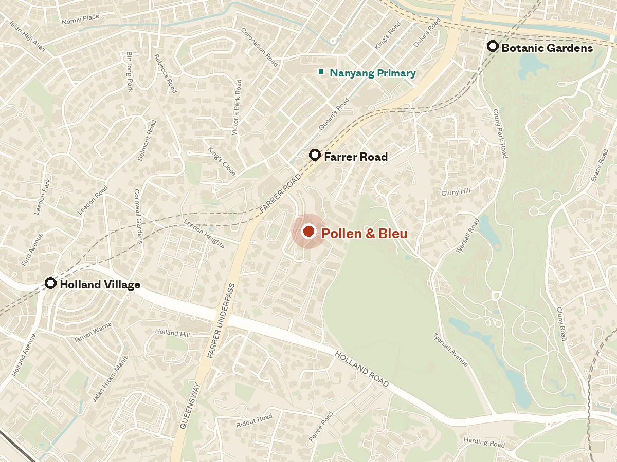 Map of the area around Pollen & Bleu, with nearby MRT stations and primary schools